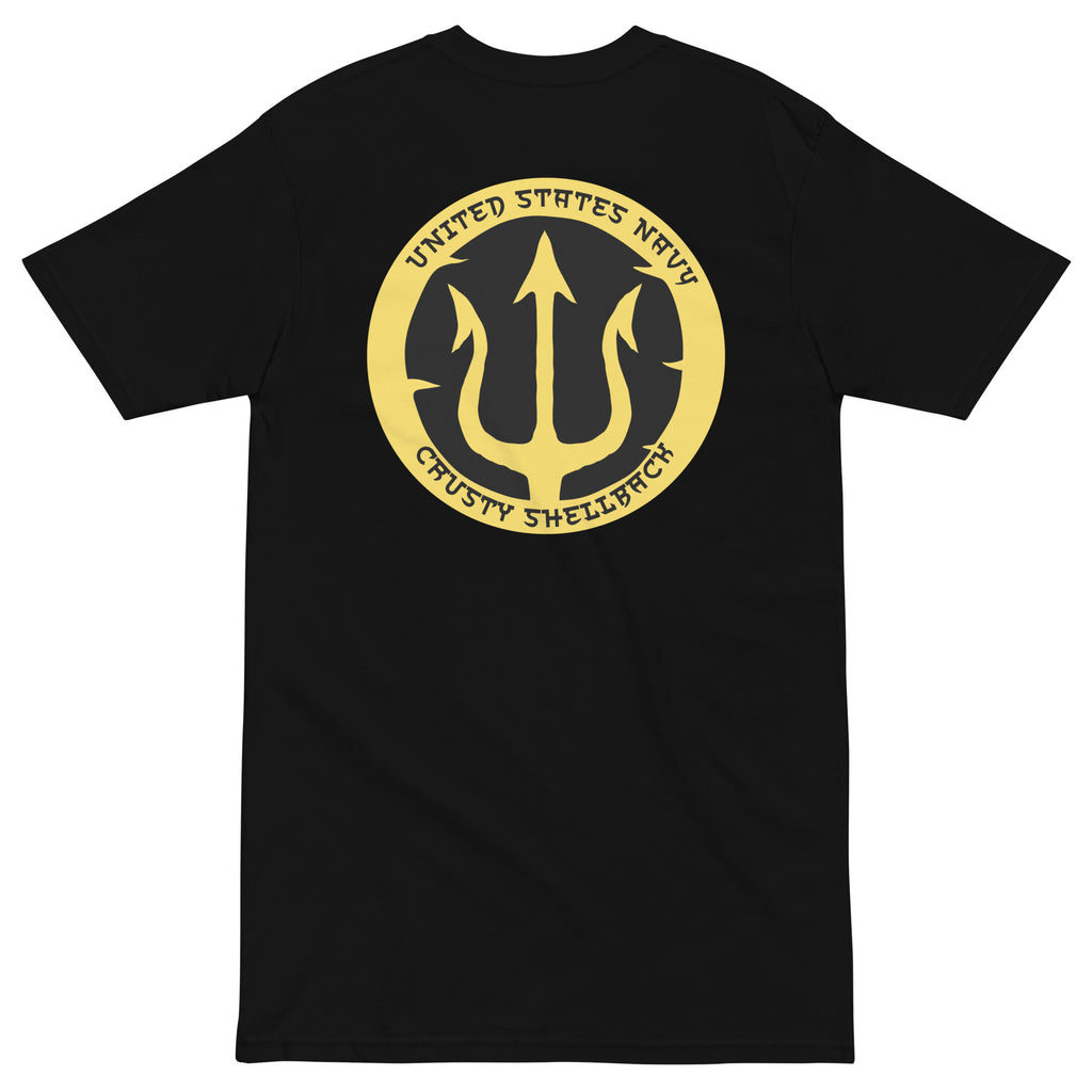 Black Navy Crusty Shellback heavyweight tee with large gold trident and United States Navy lettering on the back
