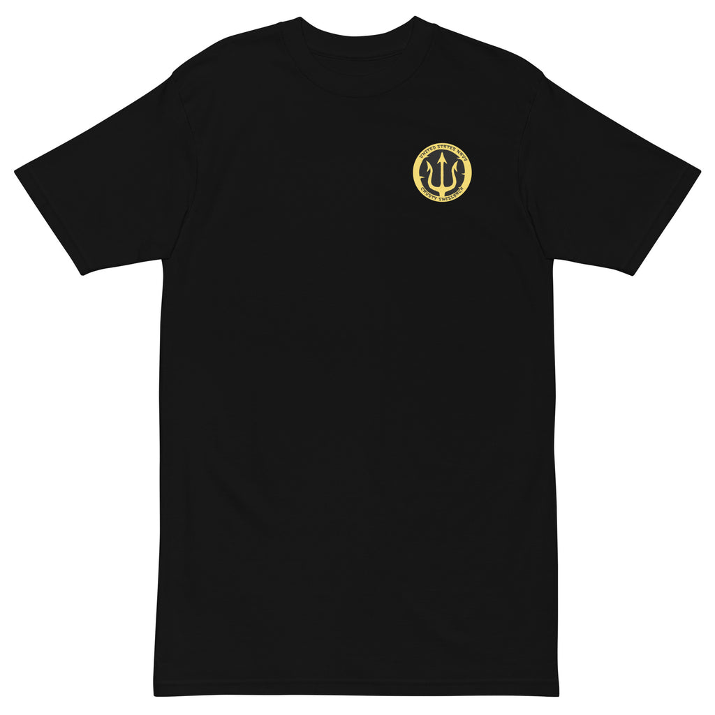 Black Navy Crusty Shellback heavyweight tee with small gold trident emblem on the left chest