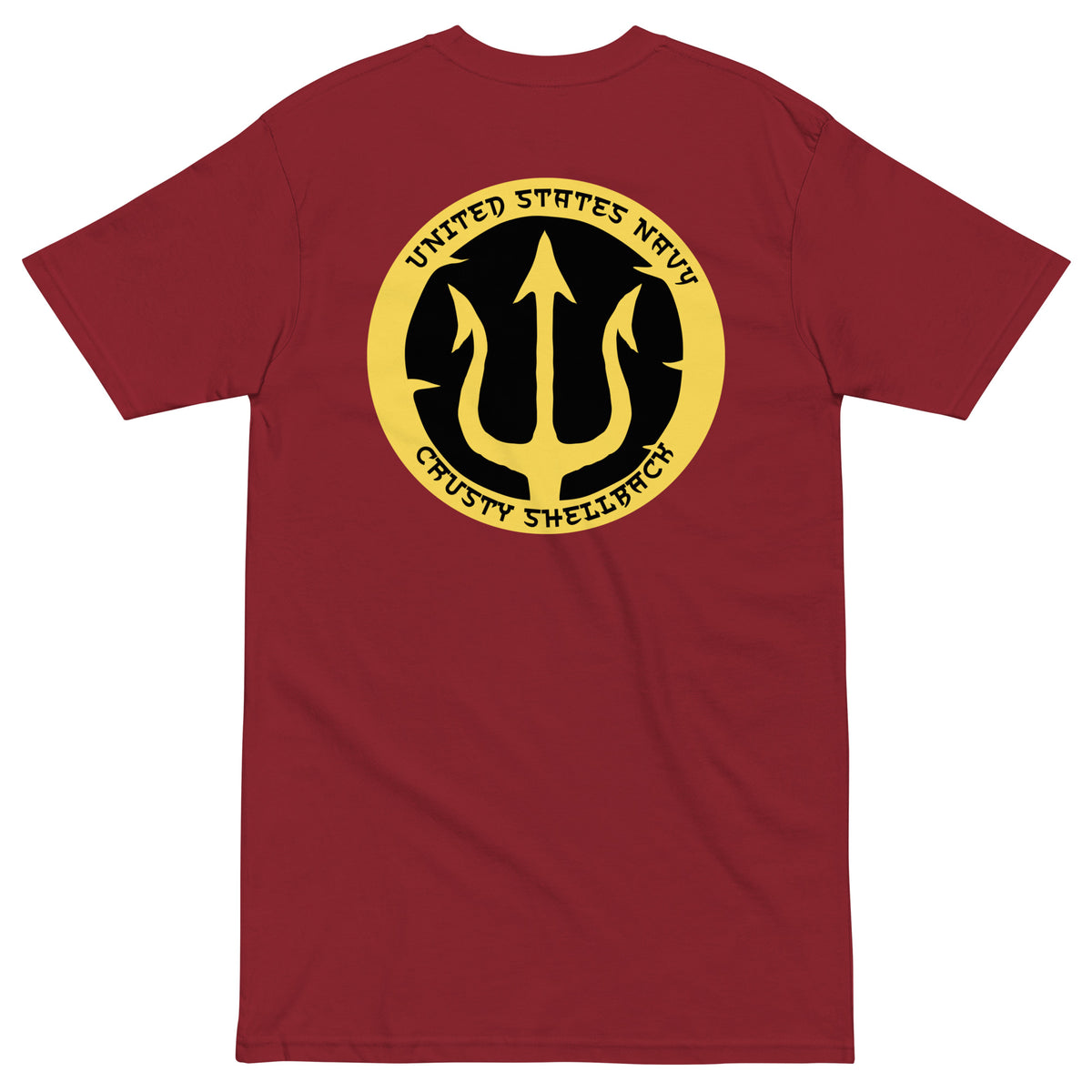 Brick Red Navy Crusty Shellback heavyweight tee with large gold trident and United States Navy lettering on the back
