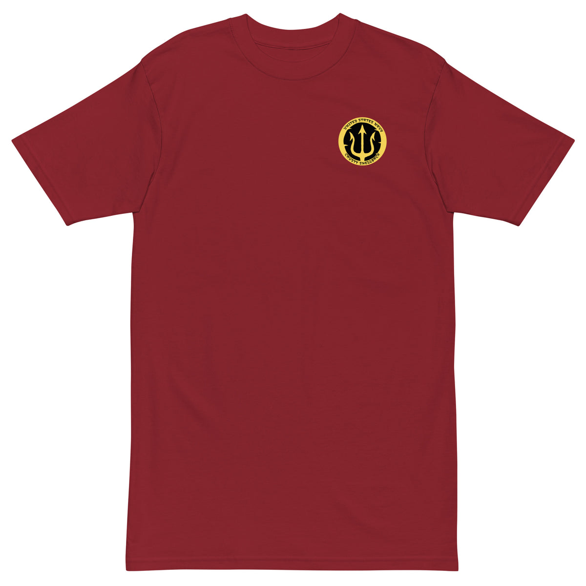 Brick Red Navy Crusty Shellback heavyweight tee with small gold trident emblem on the left chest