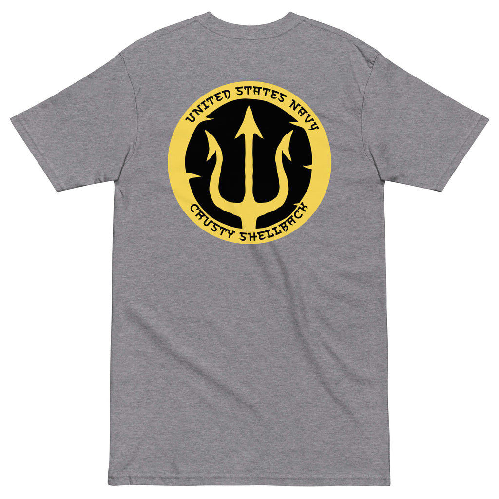 Carbon Grey Navy Crusty Shellback heavyweight tee with large gold trident and United States Navy lettering on the back
