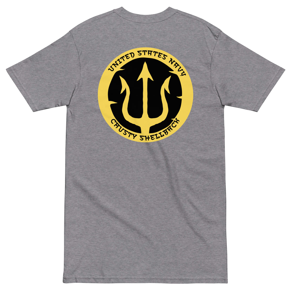 Carbon Grey Navy Crusty Shellback heavyweight tee with large gold trident and United States Navy lettering on the back