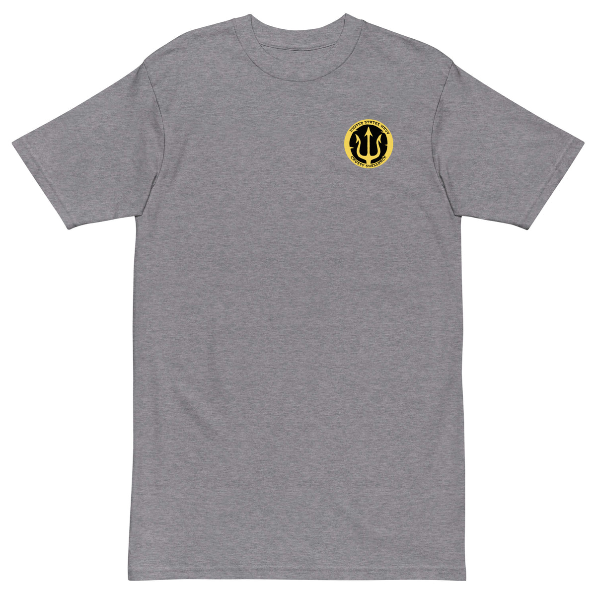 Carbon Grey Navy Crusty Shellback heavyweight tee with small gold trident emblem on the left chest