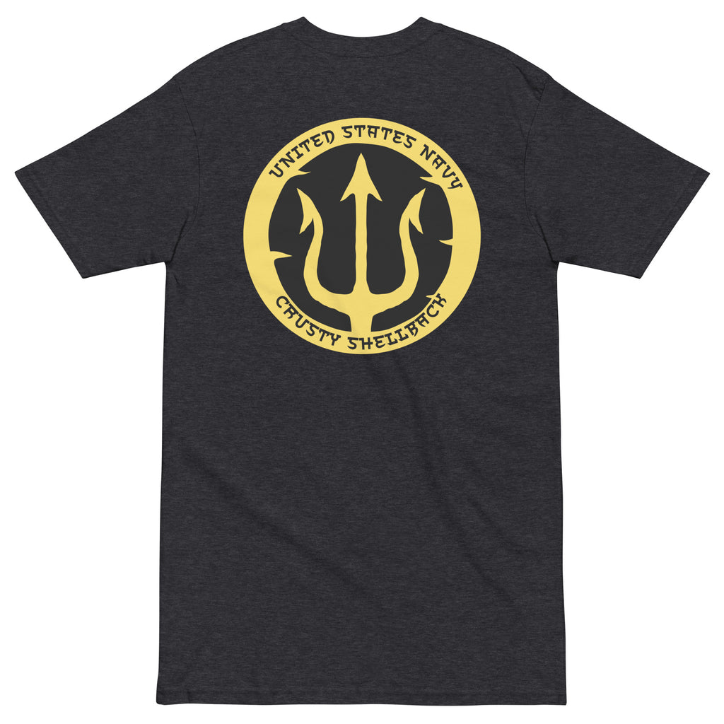 Charcoal Heather Navy Crusty Shellback heavyweight tee with large gold trident and United States Navy lettering on the back