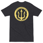 Charcoal Heather Navy Crusty Shellback heavyweight tee with large gold trident and United States Navy lettering on the back