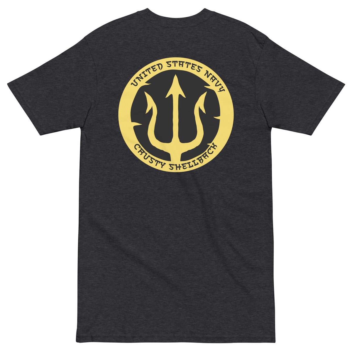 Charcoal Heather Navy Crusty Shellback heavyweight tee with large gold trident and United States Navy lettering on the back