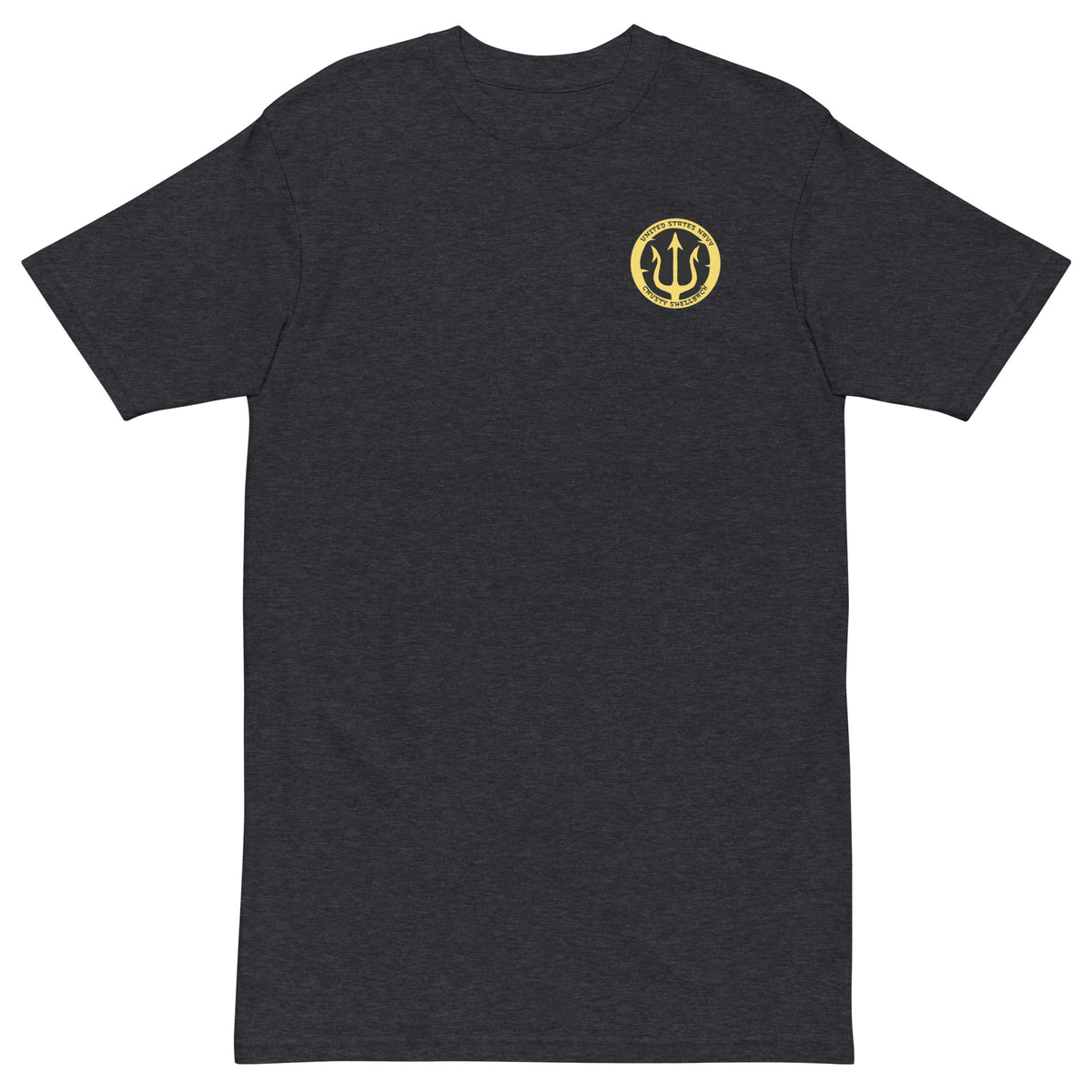 Charcoal Heather Navy Crusty Shellback heavyweight tee with small gold trident emblem on the left chest