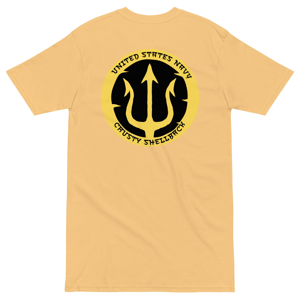 Vintage Gold Navy Crusty Shellback heavyweight tee with large gold trident and United States Navy lettering on the back