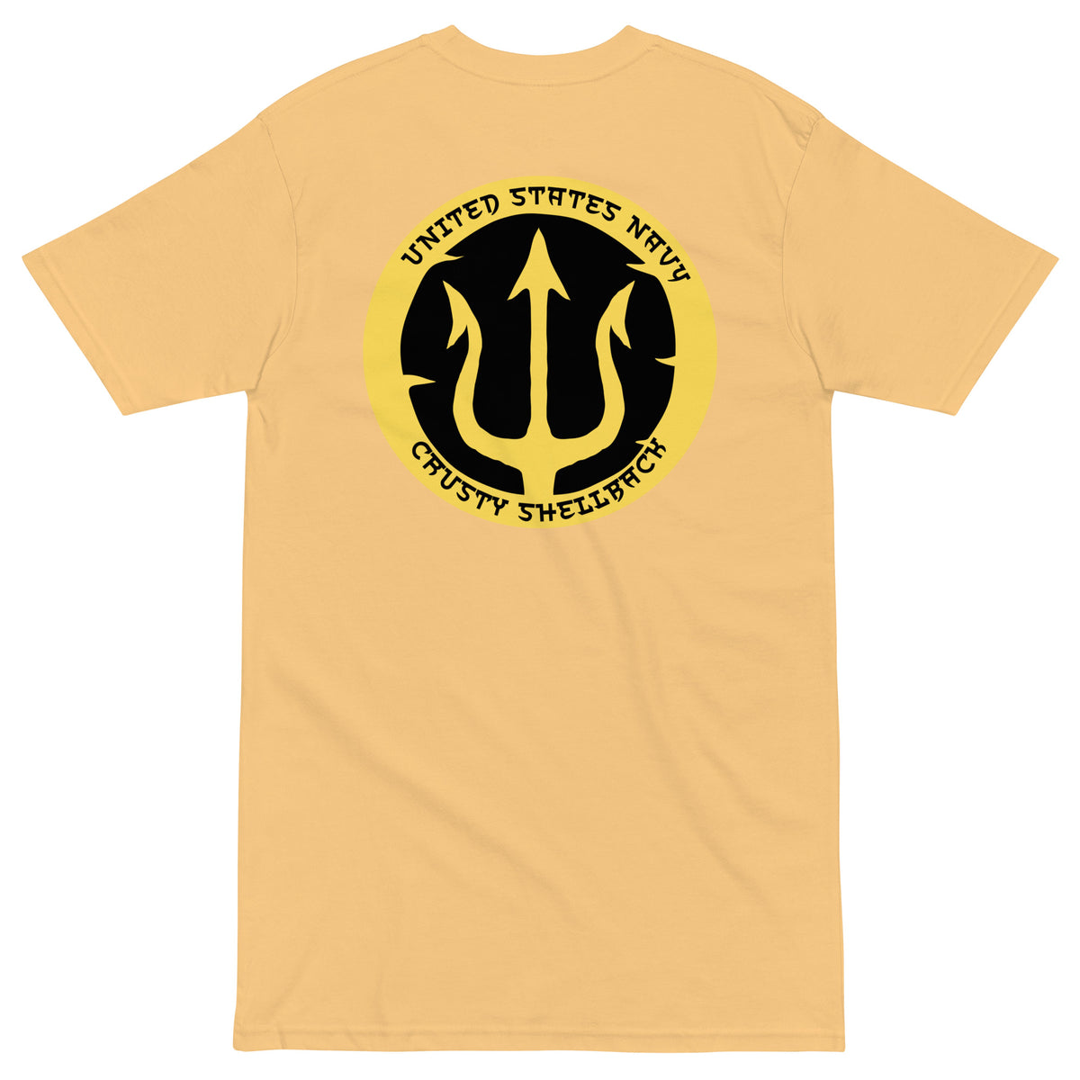 Vintage Gold Navy Crusty Shellback heavyweight tee with large gold trident and United States Navy lettering on the back