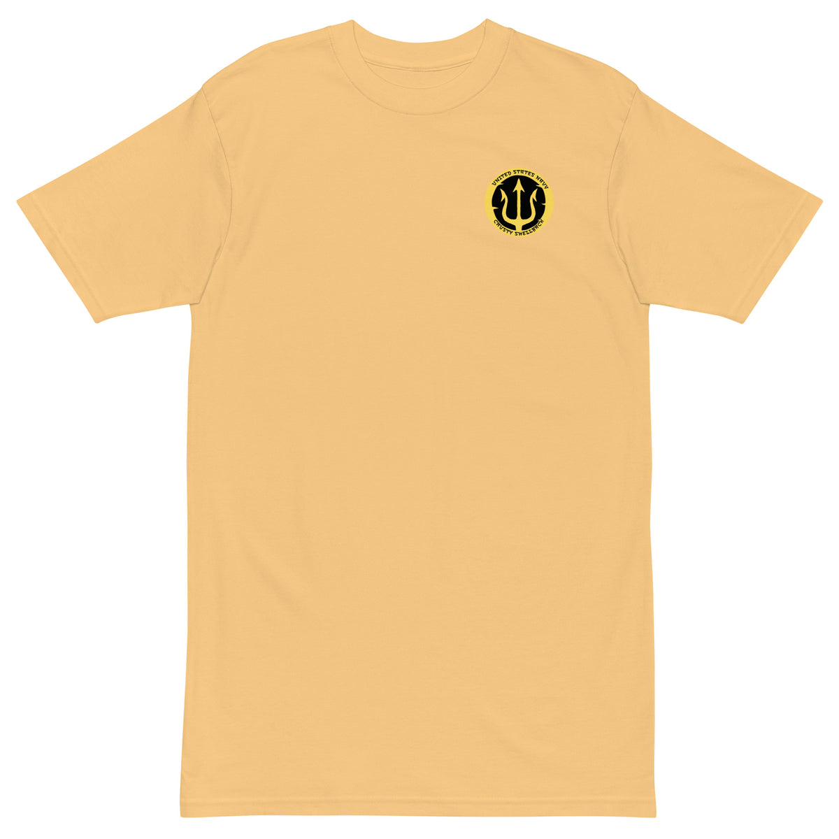 Vintage Gold Navy Crusty Shellback heavyweight tee with small gold trident emblem on the left chest