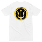 White Navy Crusty Shellback heavyweight tee with large gold trident and United States Navy lettering on the back
