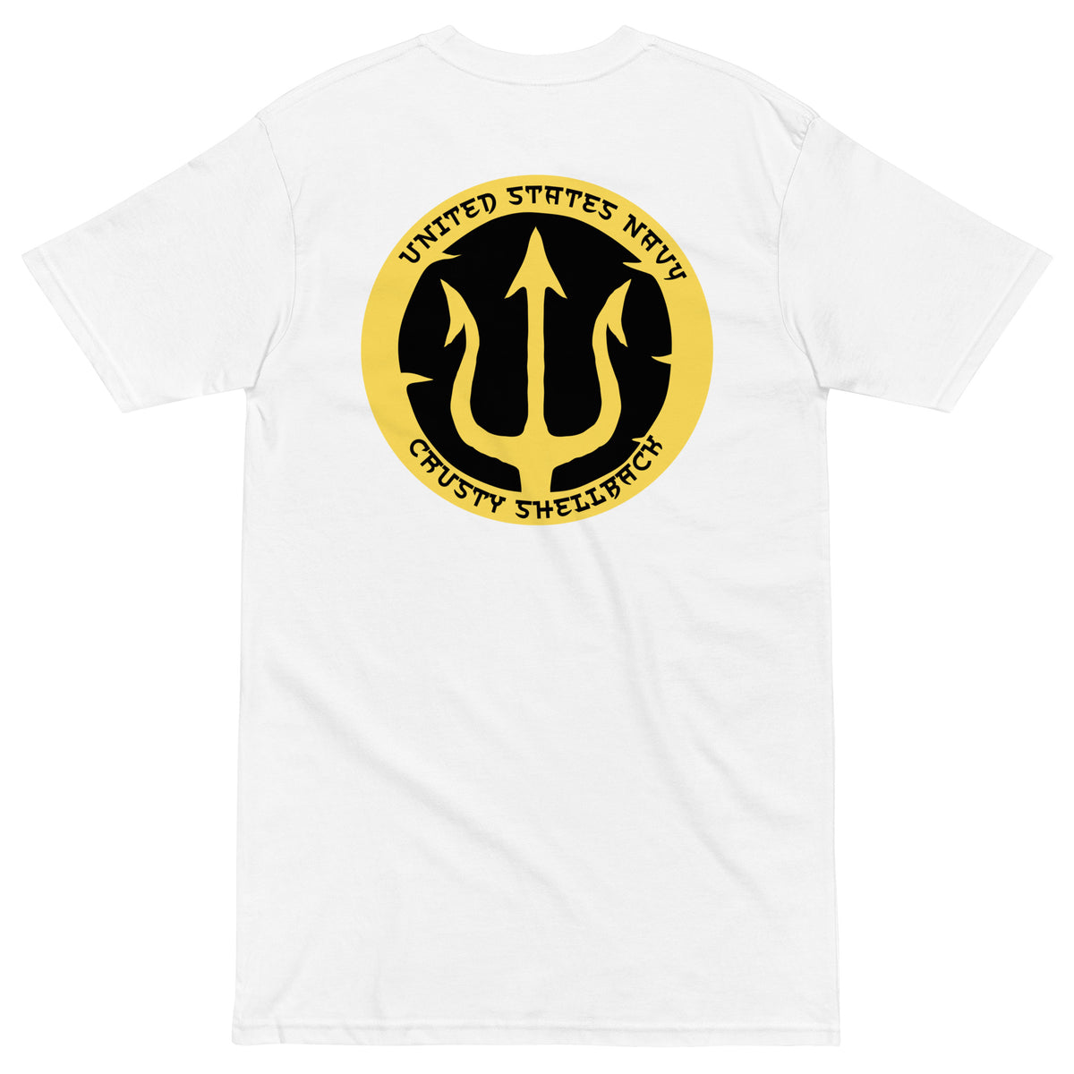 White Navy Crusty Shellback heavyweight tee with large gold trident and United States Navy lettering on the back