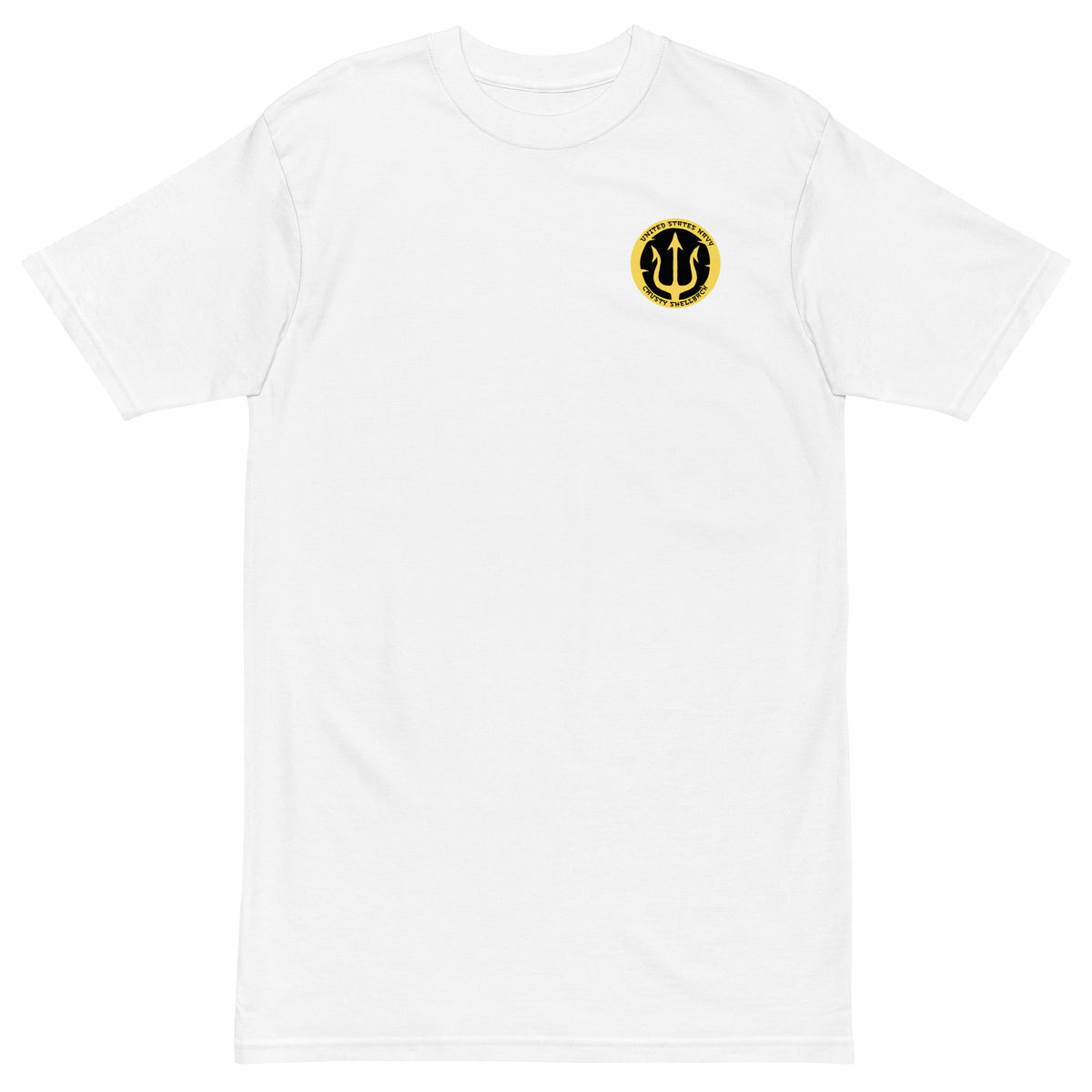 White Navy Crusty Shellback heavyweight tee with small gold trident emblem on the left chest