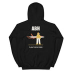 Black ABH Flight Deck Motion hoodie back showing a yellow shirt flight deck crew member and jet graphic