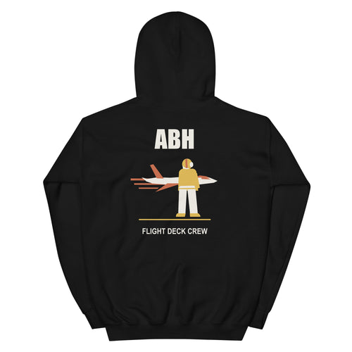 Black ABH Flight Deck Motion hoodie back showing a yellow shirt flight deck crew member and jet graphic