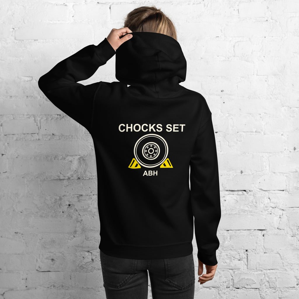 Black ABH Chocks Set hoodie back with aircraft wheel and yellow flight deck chocks graphic