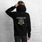 Black ABH Chocks Set hoodie back with aircraft wheel and yellow flight deck chocks graphic