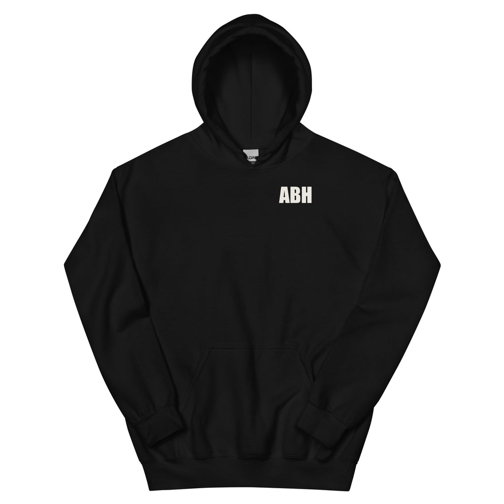 Black ABH Flight Deck Motion hoodie front with ivory ABH lettering at the left chest