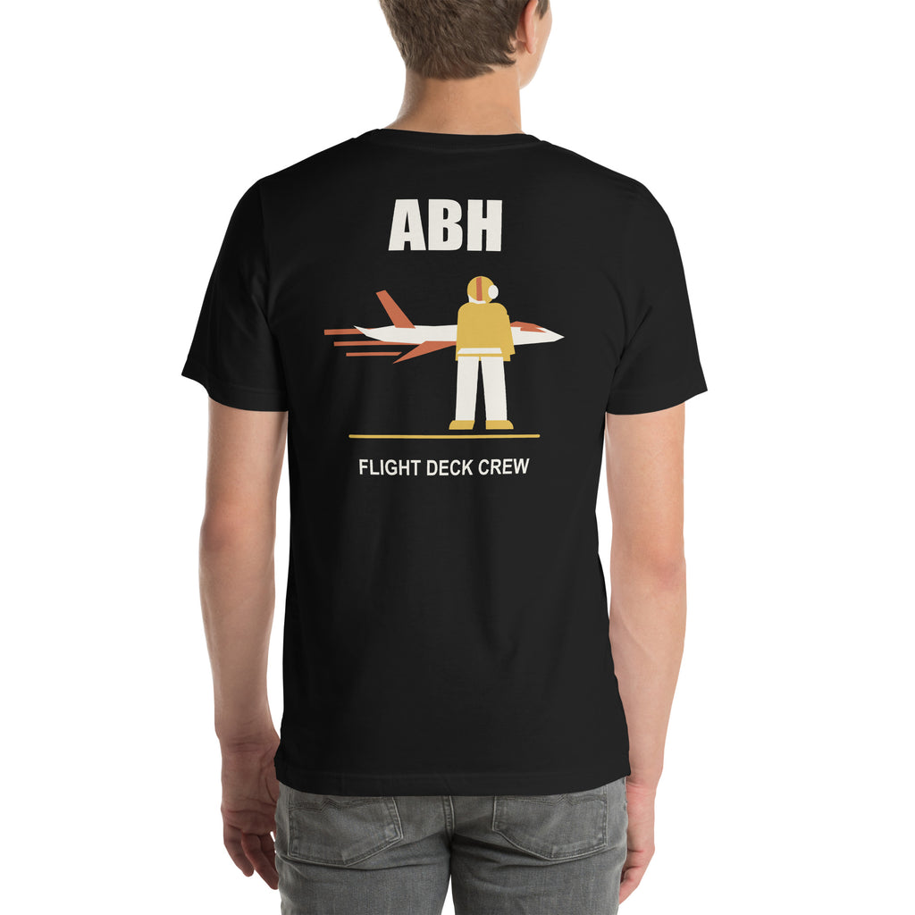 Black ABH Flight Deck Motion T-shirt back showing a yellow shirt flight deck crew member and jet graphic