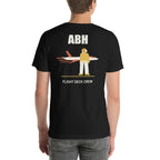 Black ABH Flight Deck Motion T-shirt back showing a yellow shirt flight deck crew member and jet graphic