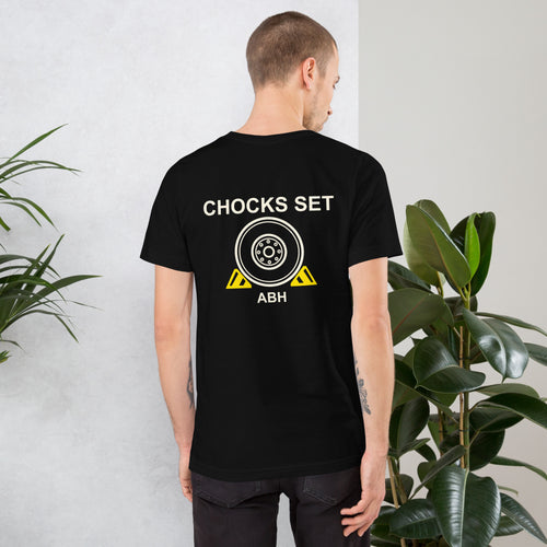 Black ABH Chocks Set T-shirt back with aircraft wheel and yellow flight deck chocks graphic