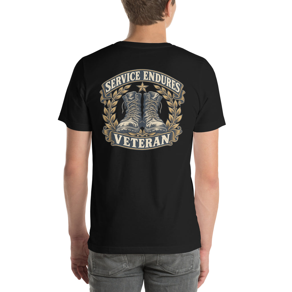 Back view of black Service Endures veteran T-shirt showing the large heritage boot artwork