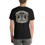 Back view of black Service Endures veteran T-shirt showing the large heritage boot artwork