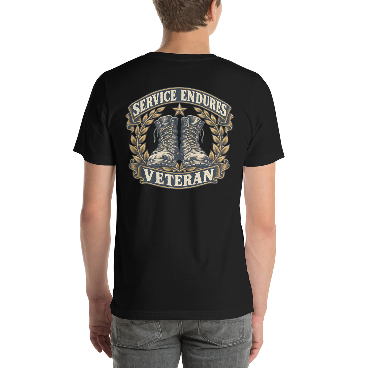 Back view of black Service Endures veteran T-shirt showing the large heritage boot artwork