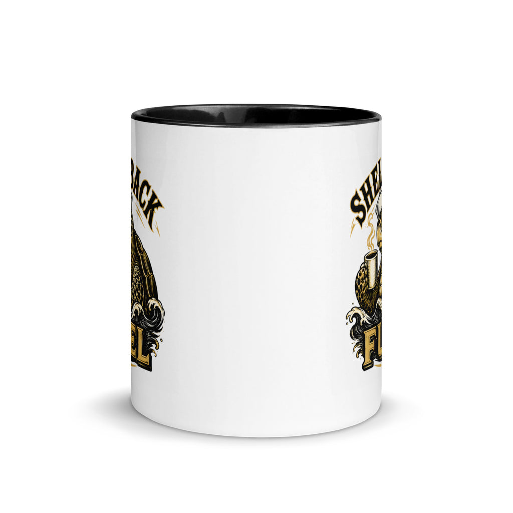 11 oz white Shellback Fuel mug, front view showing black interior and artwork wrapping around both sides