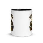 11 oz white Shellback Fuel mug, front view showing black interior and artwork wrapping around both sides