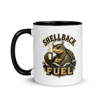 11 oz Shellback Fuel mug with sailor turtle and coffee artwork, black handle on the left