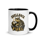 11 oz Shellback Fuel mug with sailor turtle and coffee artwork, black handle on the right