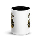 15 oz white Shellback Fuel mug, front view showing black interior and artwork wrapping around both sides