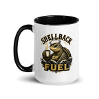 15 oz Shellback Fuel mug with sailor turtle and coffee artwork, black handle on the left