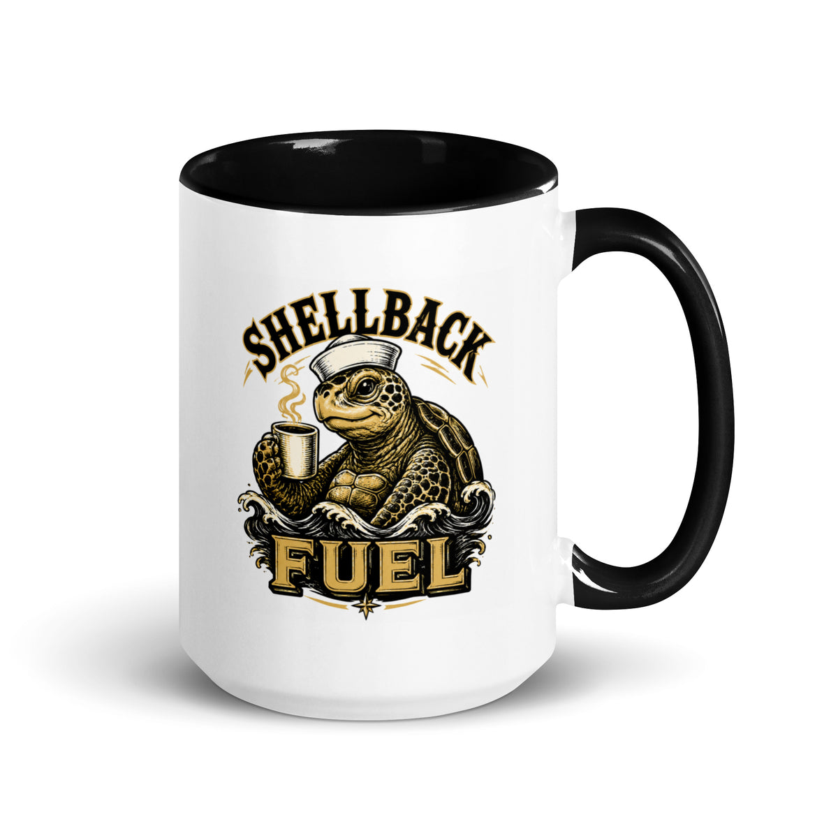 15 oz Shellback Fuel mug with sailor turtle and coffee artwork, black handle on the right